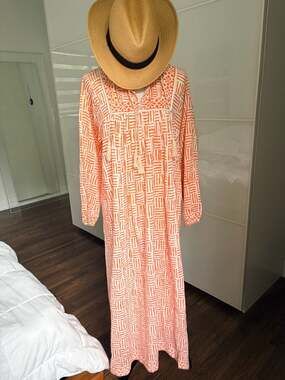 Marea Coral Orange Block Print Cotton Maxi Kaftan Dress with Tassels